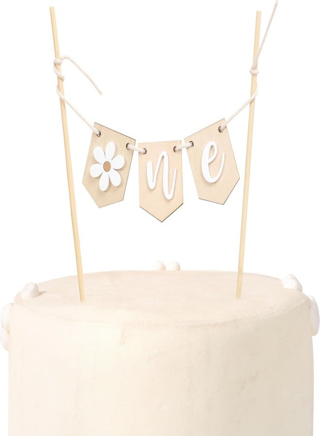 Curious Button Wooden Daisy “One” Banner Cake Topper | 1st Birthday Retro Boho Groovy Theme | Rustic Wooden Flower Cake Decoration for Baby Girl Boy First Birthday Party - Image 1